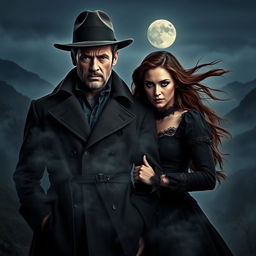 A dark and atmospheric scene featuring Hugh Jackman as Van Helsing, looking intense and rugged, with a dramatic expression