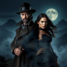 A dark and atmospheric scene featuring Hugh Jackman as Van Helsing, looking intense and rugged, with a dramatic expression