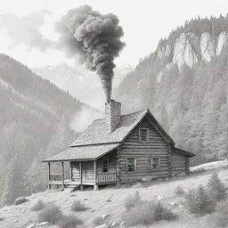 A quaint cabin on a mountainside with smoke wafting from the chimney. Rendered in line art suitable for a coloring page.