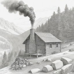 A quaint cabin on a mountainside with smoke wafting from the chimney. Rendered in line art suitable for a coloring page.