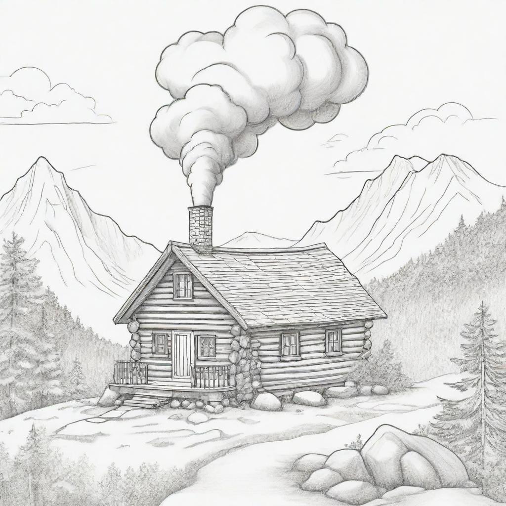 A cartoon image of a small, cosy cabin nestled on a mountain, with smoke billowing out from its chimney