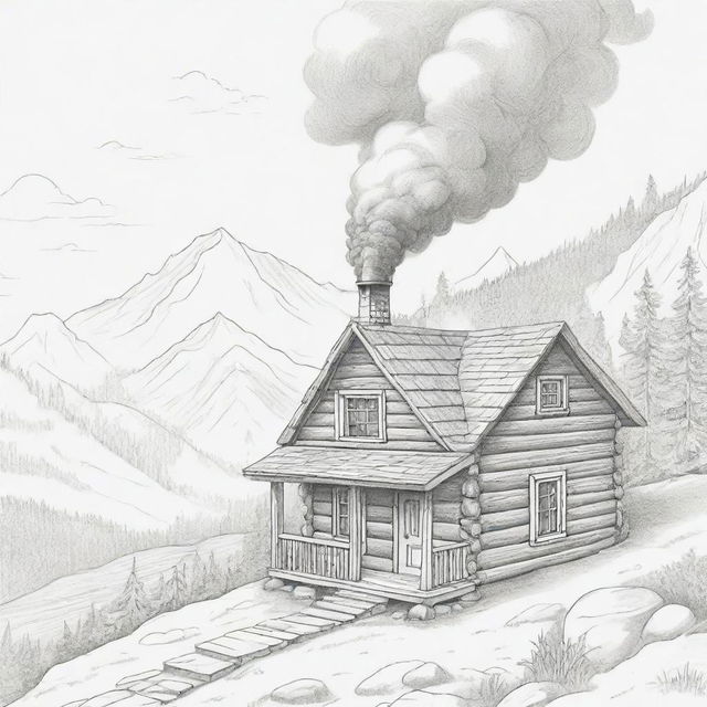 A cartoon image of a small, cosy cabin nestled on a mountain, with smoke billowing out from its chimney