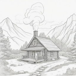 A cartoon image of a small, cosy cabin nestled on a mountain, with smoke billowing out from its chimney