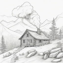 A cartoon image of a small, cosy cabin nestled on a mountain, with smoke billowing out from its chimney