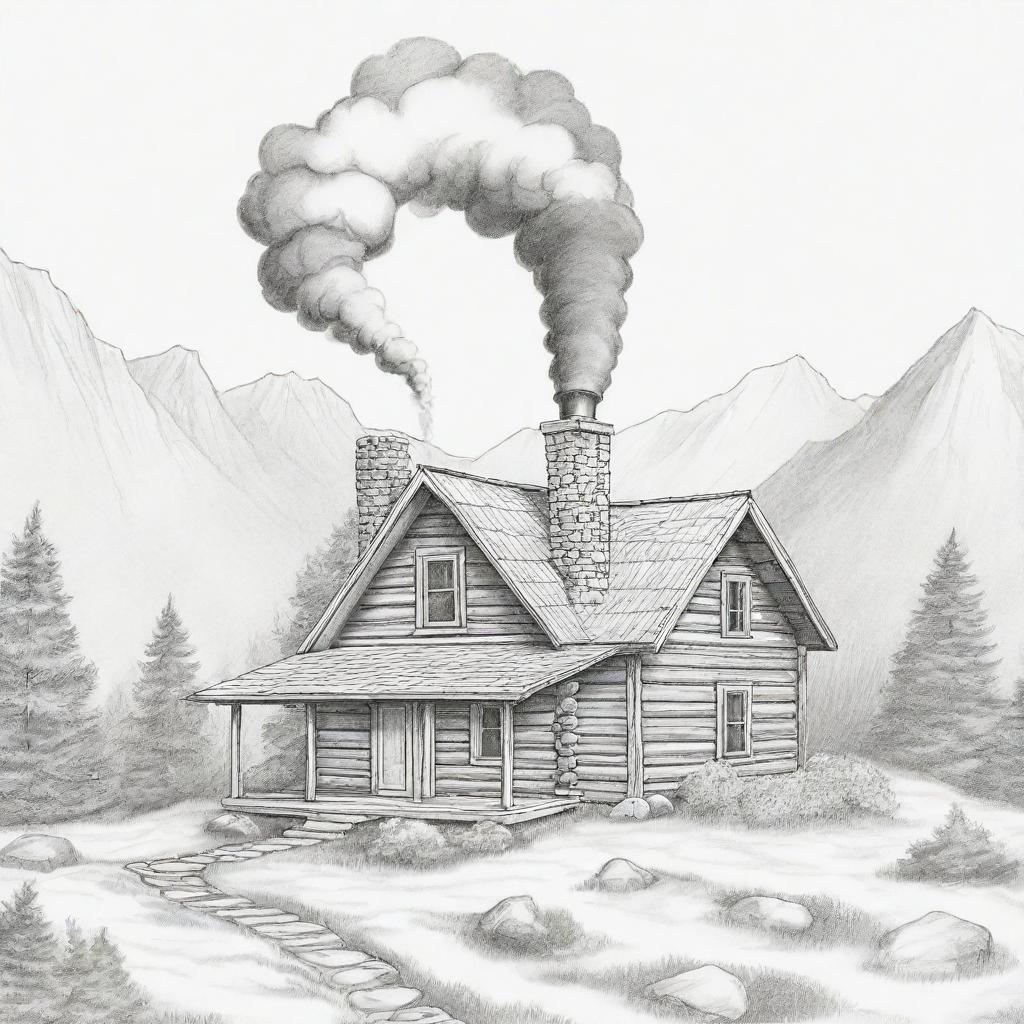 A cartoon depiction of a little cabin tucked away on a mountain, with a wisp of smoke emerging from the chimney