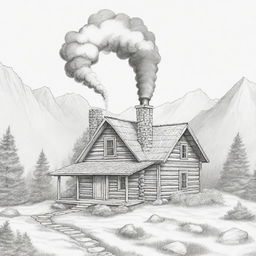 A cartoon depiction of a little cabin tucked away on a mountain, with a wisp of smoke emerging from the chimney