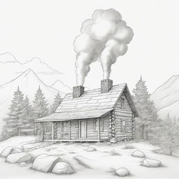 A cartoon depiction of a little cabin tucked away on a mountain, with a wisp of smoke emerging from the chimney