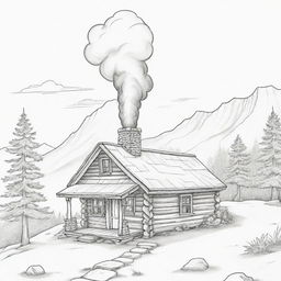 A cartoon depiction of a little cabin tucked away on a mountain, with a wisp of smoke emerging from the chimney