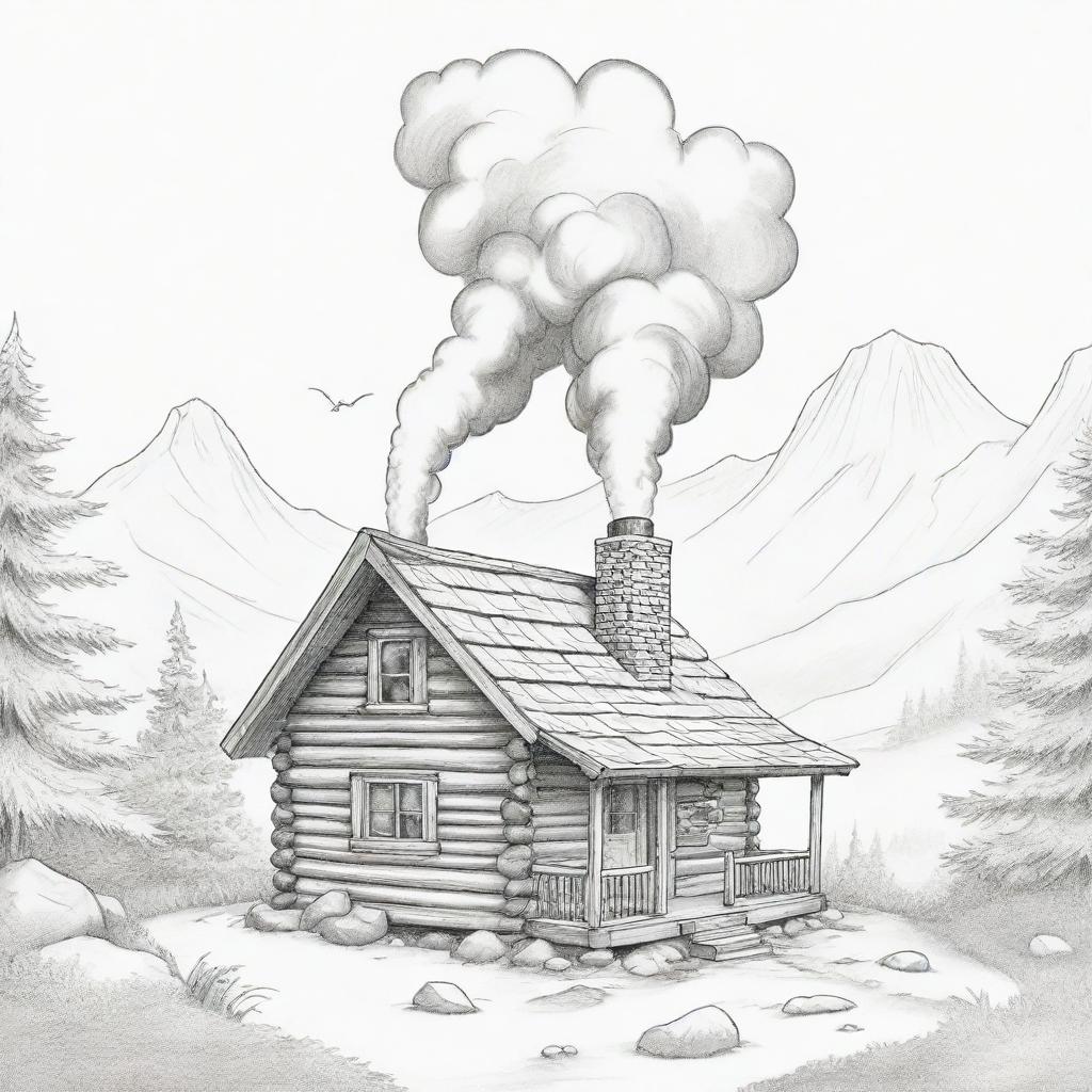 A cartoon depiction of a little cabin tucked away on a mountain, with a wisp of smoke emerging from the chimney