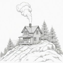 A line art illustration of a small cartoon cabin perched on a mountain, with just a trace of smoke barely visible from the chimney