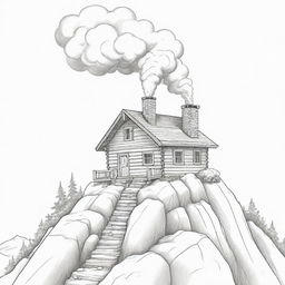 A line art illustration of a small cartoon cabin perched on a mountain, with just a trace of smoke barely visible from the chimney