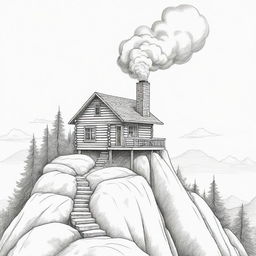 A line art illustration of a small cartoon cabin perched on a mountain, with just a trace of smoke barely visible from the chimney