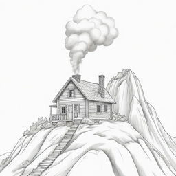 A line art illustration of a small cartoon cabin perched on a mountain, with just a trace of smoke barely visible from the chimney