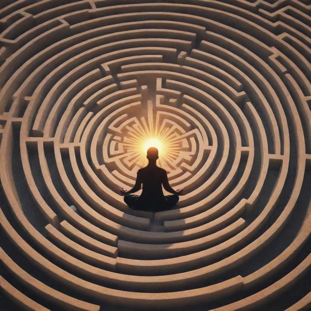 A symbolic representation of psychology for the soul, illustrated as a tranquil scene of a person in meditation amidst a maze representing the subconscious, a radiant sun symbolizing enlightenment above and balanced scales for emotional equilibrium