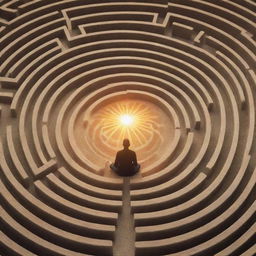 A symbolic representation of psychology for the soul, illustrated as a tranquil scene of a person in meditation amidst a maze representing the subconscious, a radiant sun symbolizing enlightenment above and balanced scales for emotional equilibrium