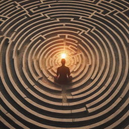 A symbolic representation of psychology for the soul, illustrated as a tranquil scene of a person in meditation amidst a maze representing the subconscious, a radiant sun symbolizing enlightenment above and balanced scales for emotional equilibrium