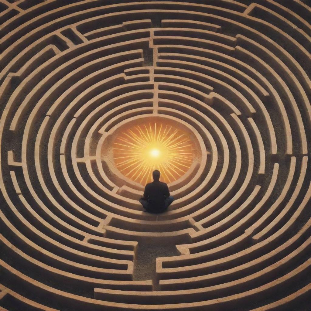 A symbolic representation of psychology for the soul, illustrated as a tranquil scene of a person in meditation amidst a maze representing the subconscious, a radiant sun symbolizing enlightenment above and balanced scales for emotional equilibrium