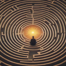 A symbolic representation of psychology for the soul, illustrated as a tranquil scene of a person in meditation amidst a maze representing the subconscious, a radiant sun symbolizing enlightenment above and balanced scales for emotional equilibrium