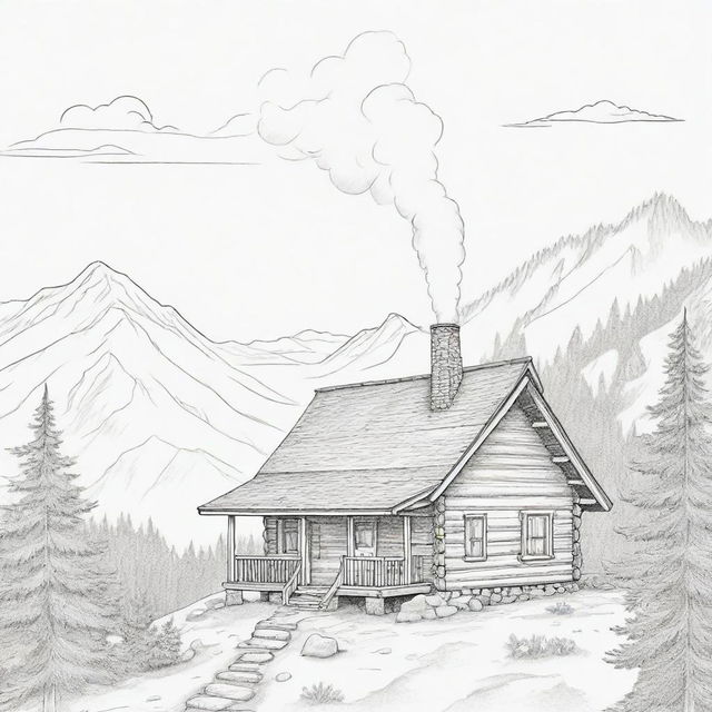 An illustrated line art of a cartoon cabin on a mountain, with an extremely faint hint of smoke coming out of the chimney, almost imperceptible