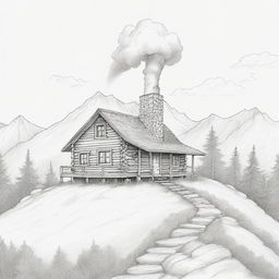 An illustrated line art of a cartoon cabin on a mountain, with an extremely faint hint of smoke coming out of the chimney, almost imperceptible