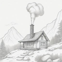 An illustrated line art of a cartoon cabin on a mountain, with an extremely faint hint of smoke coming out of the chimney, almost imperceptible