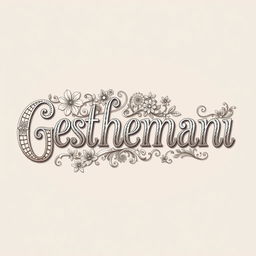 A beautifully detailed text art representation of the word 'Gesthemani', showcasing intricate patterns and designs that form the letters artistically