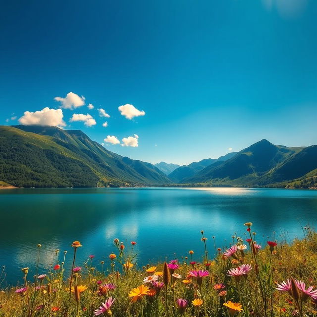 A stunning landscape featuring a tranquil lake surrounded by lush, green mountains under a vibrant blue sky