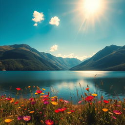 A stunning landscape featuring a tranquil lake surrounded by lush, green mountains under a vibrant blue sky