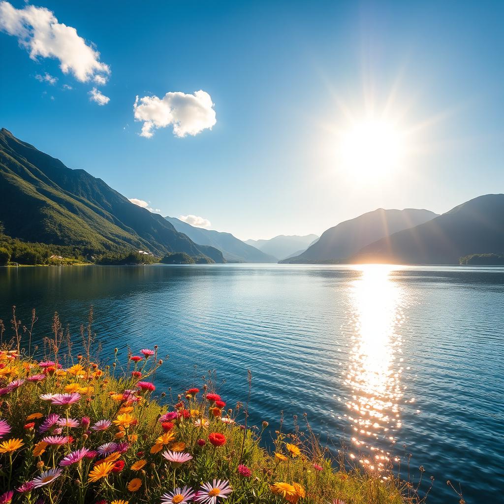 A stunning landscape featuring a tranquil lake surrounded by lush, green mountains under a vibrant blue sky