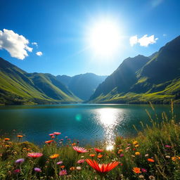 A stunning landscape featuring a tranquil lake surrounded by lush, green mountains under a vibrant blue sky