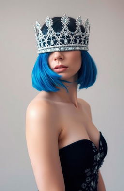 A young woman wearing a sleek black dress adorned with intricate details, complemented by a sparkling jeweled crown
