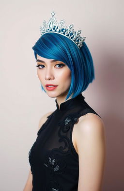 A young woman wearing a sleek black dress adorned with intricate details, complemented by a sparkling jeweled crown