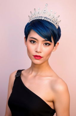 A young woman wearing a sleek black dress adorned with intricate details, complemented by a sparkling jeweled crown
