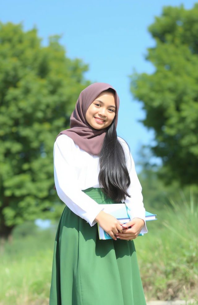 A girl wearing a traditional Saudi school uniform, which includes a white blouse and a green skirt, is standing in a natural setting