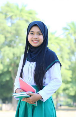 A girl wearing a traditional Saudi school uniform, which includes a white blouse and a green skirt, is standing in a natural setting