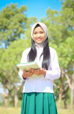 A girl wearing a traditional Saudi school uniform, which includes a white blouse and a green skirt, is standing in a natural setting