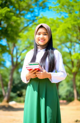 A girl wearing a traditional Saudi school uniform, which includes a white blouse and a green skirt, is standing in a natural setting