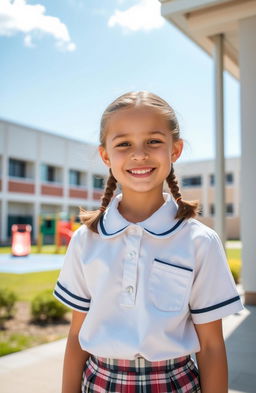 A young girl wearing a school uniform, featuring a crisp white blouse and a plaid skirt