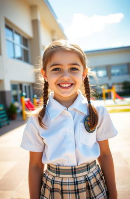 A young girl wearing a school uniform, featuring a crisp white blouse and a plaid skirt