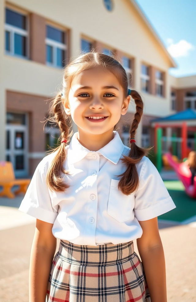 A young girl wearing a school uniform, featuring a crisp white blouse and a plaid skirt