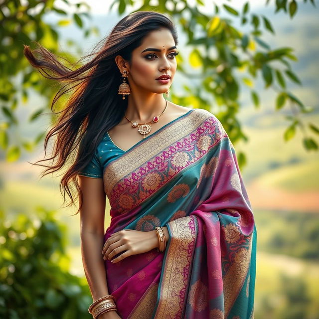 An elegant depiction of a woman draped in a vibrant saree, featuring intricate patterns and soft, flowing fabric