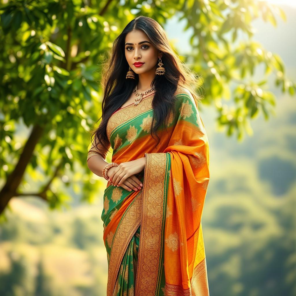 An elegant depiction of a woman draped in a vibrant saree, featuring intricate patterns and soft, flowing fabric