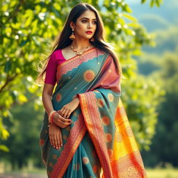 An elegant depiction of a woman draped in a vibrant saree, featuring intricate patterns and soft, flowing fabric