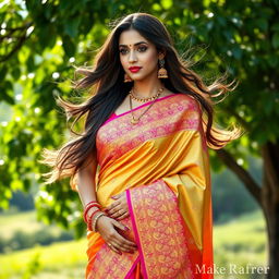 An elegant depiction of a woman draped in a vibrant saree, featuring intricate patterns and soft, flowing fabric
