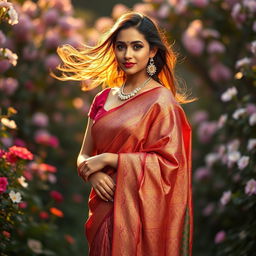 A stunning woman wearing a beautiful, intricately designed saree, showcasing the elegance and grace of traditional Indian attire