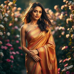 A stunning woman wearing a beautiful, intricately designed saree, showcasing the elegance and grace of traditional Indian attire