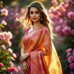 A stunning woman wearing a beautiful, intricately designed saree, showcasing the elegance and grace of traditional Indian attire