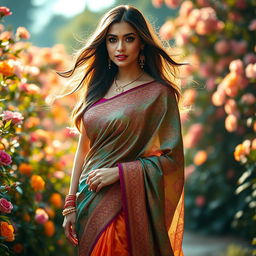 A stunning woman wearing a beautiful, intricately designed saree, showcasing the elegance and grace of traditional Indian attire