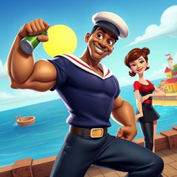 A vibrant and animated scene depicting Will Smith as a modern, reimagined version of Popeye the Sailor Man