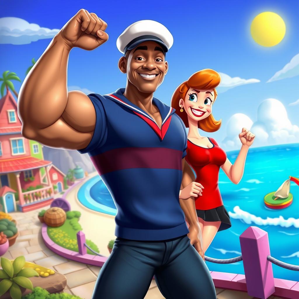 A vibrant and animated scene depicting Will Smith as a modern, reimagined version of Popeye the Sailor Man